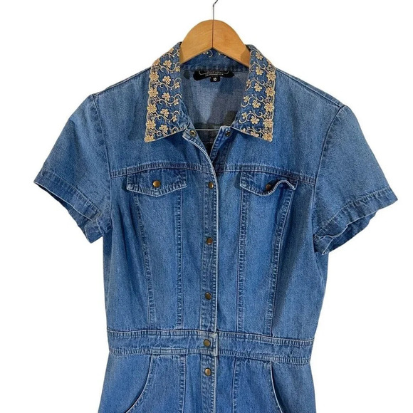 PG Collections Vintage Denim Button Down Dress 10 Metallic Embroidered Collar - Picture 3 of 10